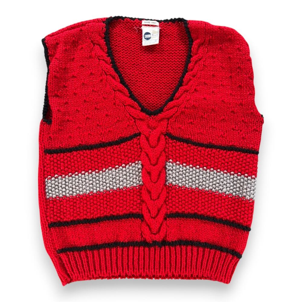 Vintage Sweater Vest Adult LARGE Red Black Gray Acrylic Chunky Cable Knit 80s